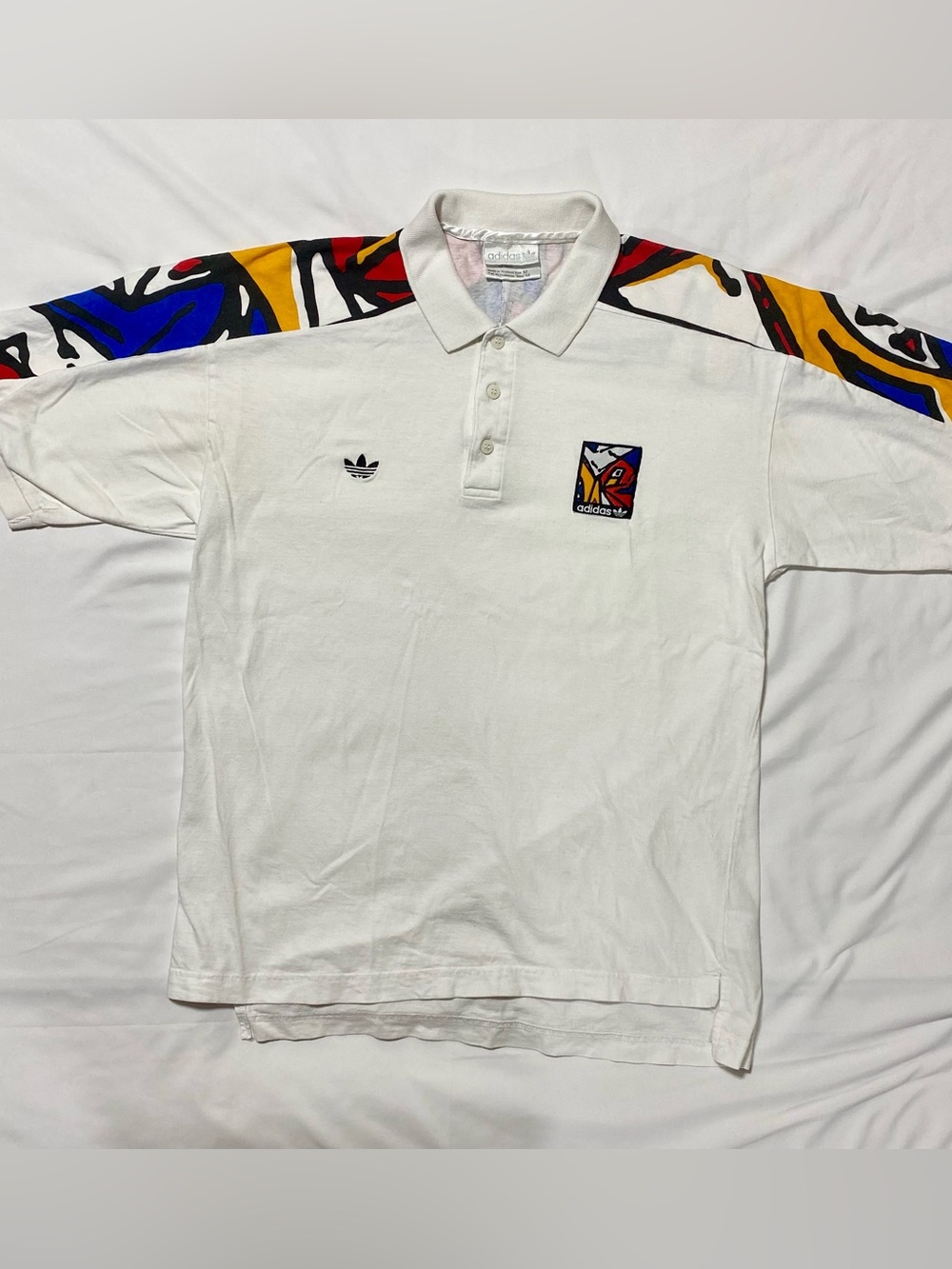 adidas White Polo with Bold Multicolor Shoulder Panels